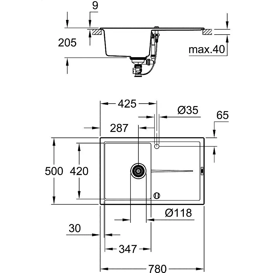 Мийка для кухні Grohe 780 x 500 мм, Granite Black (31639AP0) - фото 2