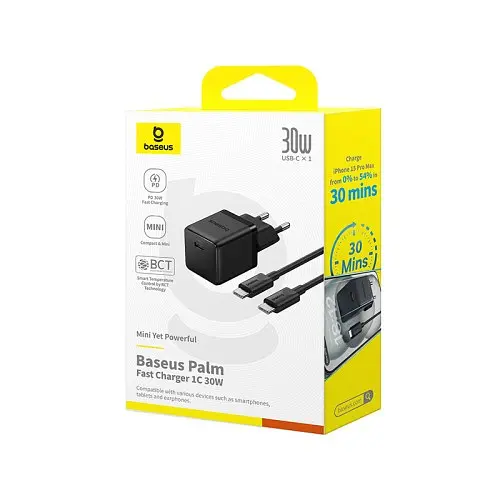 Мережевий зарядний пристрій Baseus Palm Fast Charger 1C 30W + Cable Type-C to Type-C чорний P10111605113-01 - фото 4
