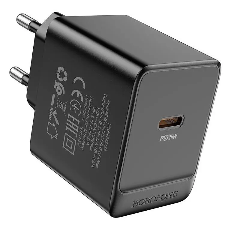 Адаптер мережевий Borofone Erudite single port charger BAS13A 1Type-C, 20W/3A, PD/QC - фото 3