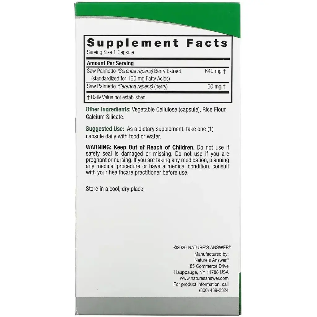 Со Пальметто Nature's Answer Saw Palmetto Standardized 690 мг 120 вегетаріанських капсул - фото 3