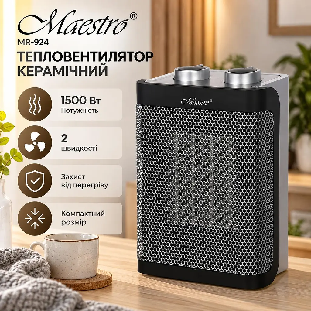 Тепловентилятор керамічний підлоговий для дому із термостатом 2 режими нагріву 1000/1500 Вт Maestro MR-924 Електричний обігрівач з керамічним нагрівальним елементом для дому та офісу Чорний з сірим - фото 3