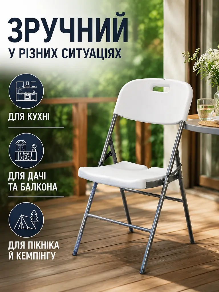 Складаний стілець зі сталевим каркасом білий 47,5×59×86 см до 250 кг для дому, дачі та відпочинку (49676285) - фото 4