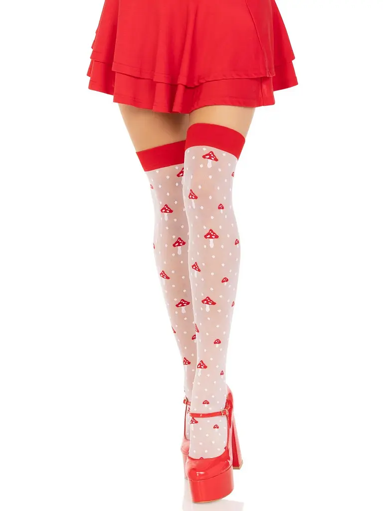 Панчохи Leg Avenue Polka Dot Mushroom Thigh Highs, One Size, біло-червоні, на резинці, малюнок — гриби - фото 3
