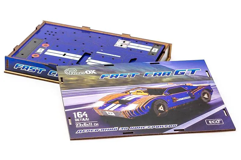 Конструктор Puz-26915 "Fast Car GT" дерев'яний, 164 под., синій, розмір моделі 23х6х11 см. PuzzleOk - фото 4
