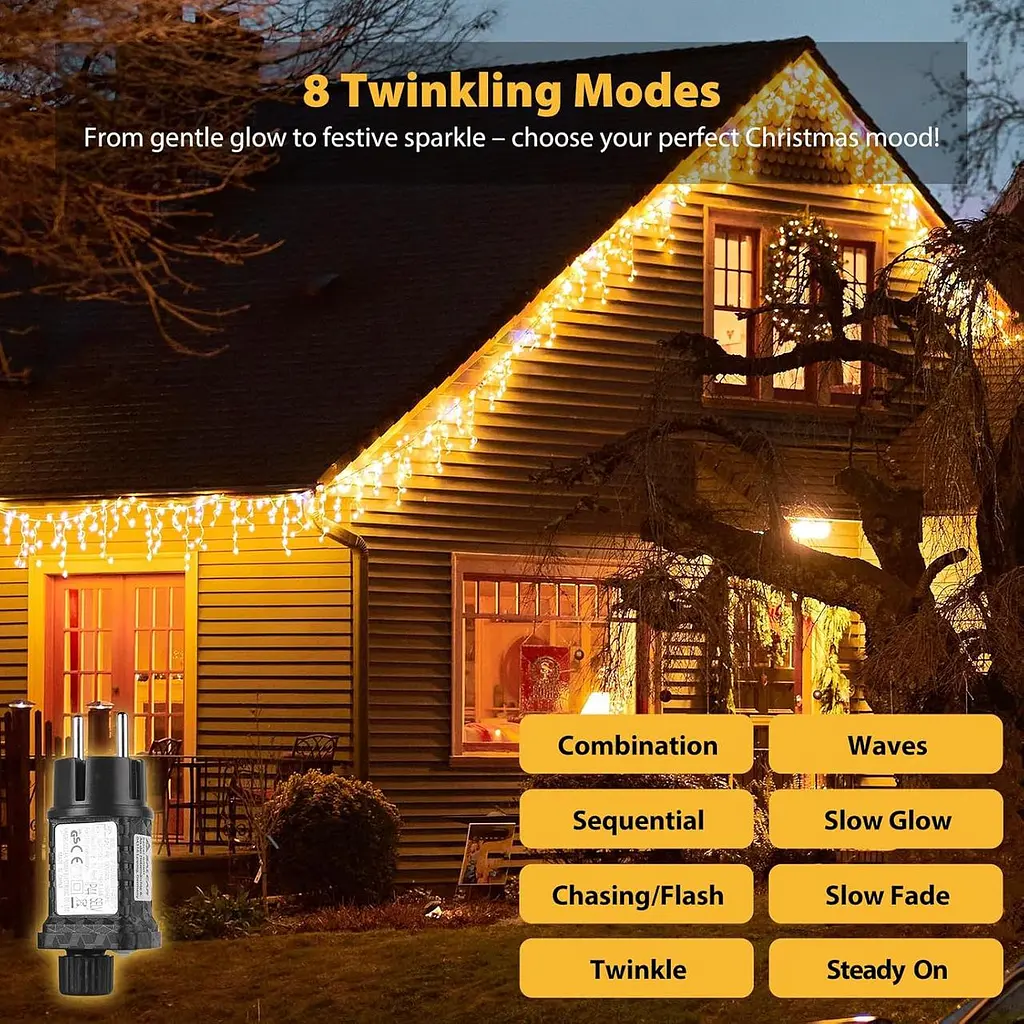 Гірлянда SALCAR 5m 200 LED Icicle Lights, живлення від мереж різдвяні казкові вогні з 24 краплями, 8 миготливих режимів - фото 4