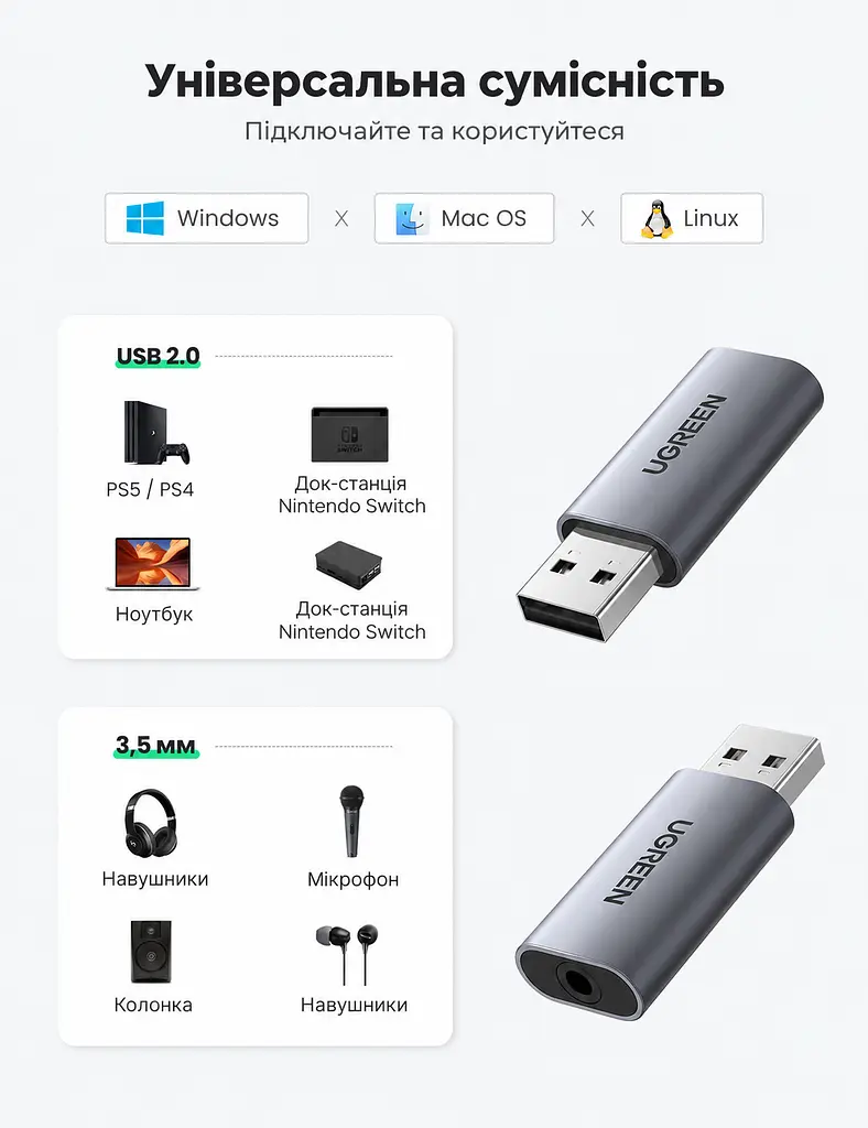 Зовнішня звукова карта для гарнітури UGREEN CM383 аудіоадаптер USB-A на комбінований роз’єм 3,5 мм TRRS для навушників і мікрофона відтворення 24 біт 96 кГц сірий (80864) - фото 4