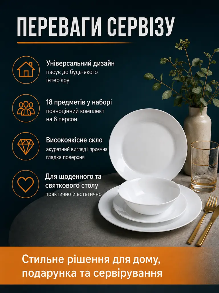 Обідній cтоловий сервіз скляний на 6 персон 18 предметів, тарілки 27/19 см, піали 17×5 см білий (31001984) - фото 3