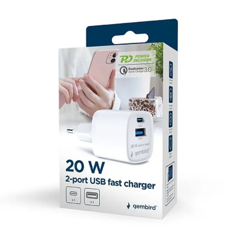 Зарядний пристрій Gembird 1xUSB-C PD20W + 1xUSB QC3.0 white (TA-UC-PDQC20-W-01) - фото 7