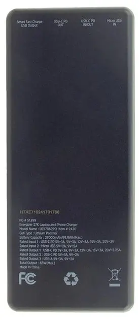 Зовнішній акумулятор Energizer 27000mAh 65W PD QC3.0 LCD display UE27062PQ - фото 3