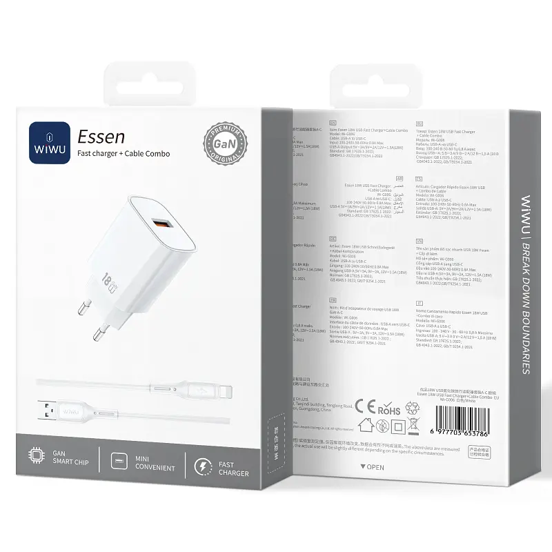 Мережевний зарядний пристрій WIWU G006 Essen QC3.0 18W GaN 1USB-A + кабель USB to Lightning White - фото 2