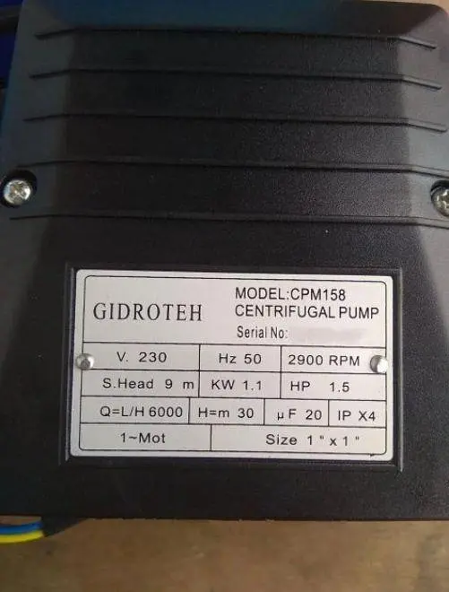 Насос поверхностный центробежный Gidroteh CPM-158 1.1 кВт для полива 30412 - фото 5