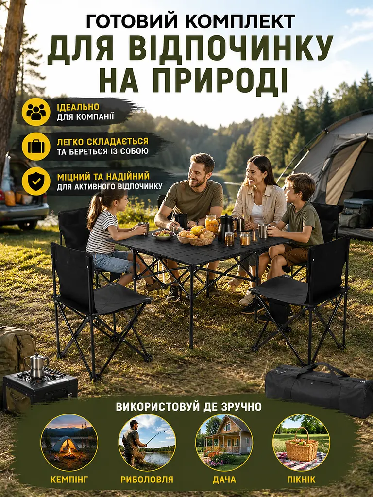 Набір туристичних меблів стіл 120×55×50 см з 4 стільцями чорний для пікніка та кемпінгу (49675942) - фото 4