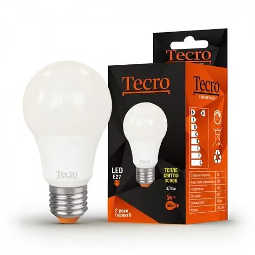 Світлодіодна лампа E27, 5W, 3000K, A60, Tecro, 450 lm, 220V (T-A60-5W-3K-E27)