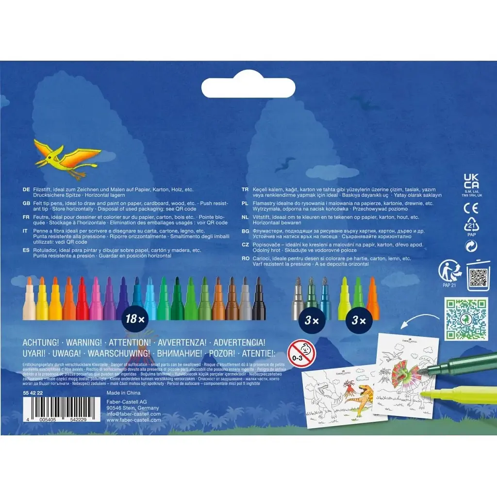 Фломастери Faber-Castell Динозавр 18 кольорів + 3 металика + 3 неонових + наклейки у картонній коробці (32963) - фото 2