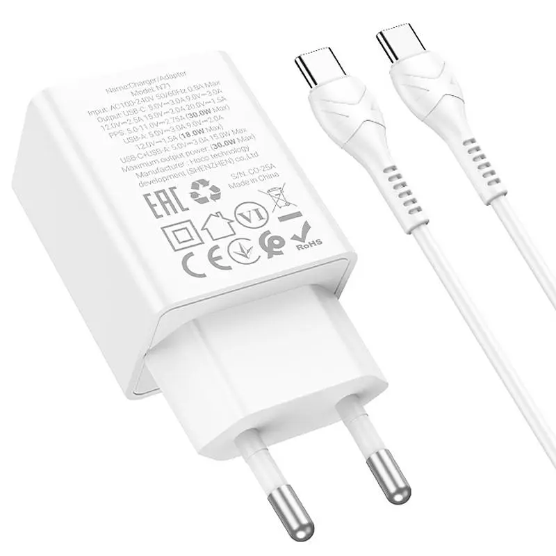 СЗУ Hoco N71 Nuevo PD30W+QC3.0 (1USB-A/1C) + кабель Type-C to Type-C White - фото 3