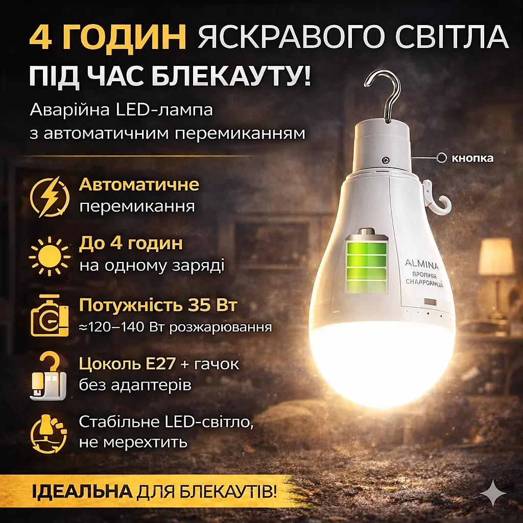 Аварійна акумуляторна LED лампа 35W E27 автономна до 6 годин, автоматичне ввімкнення при відключенні світла - фото 3