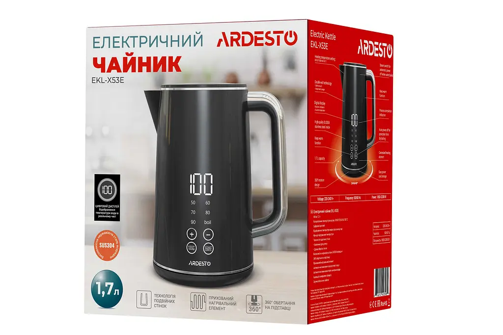 Електрочайник Ardesto Elegance Otter LED дисплей подвійні стінки 1.7 л чорний глянець (EKL-X53E) - фото 3