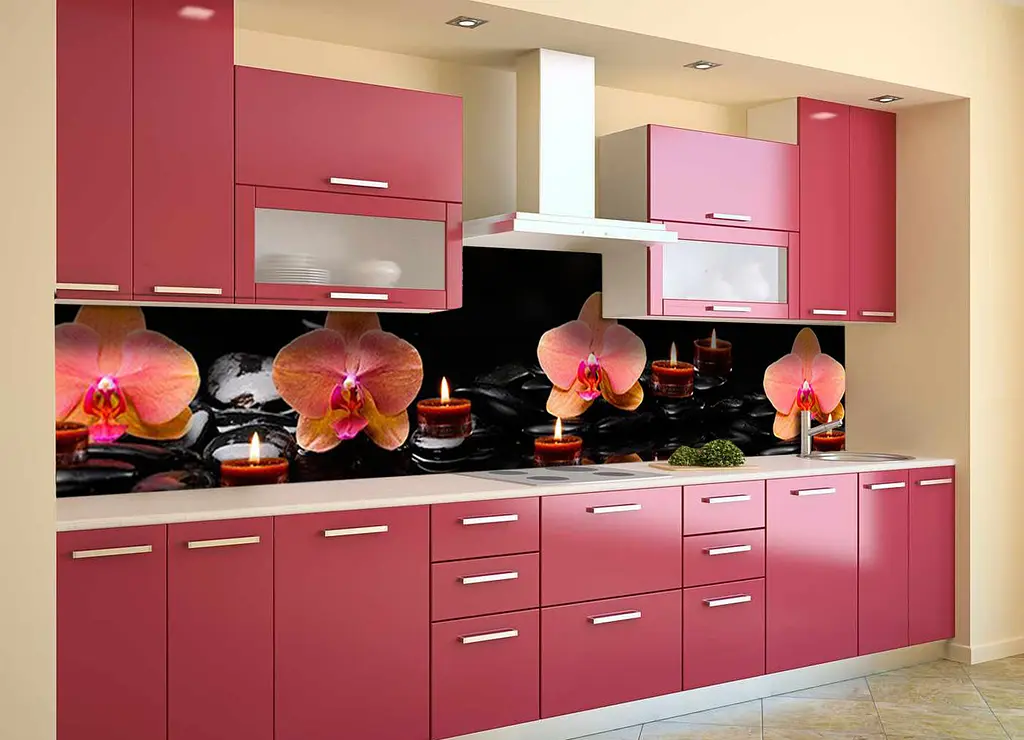 Кухонний фартух Орхідеї та Свічки для кухні наклейка ПВХ помаранчеві квіти Чорний 60х300 см Happy Pocket Z180559 - фото 2