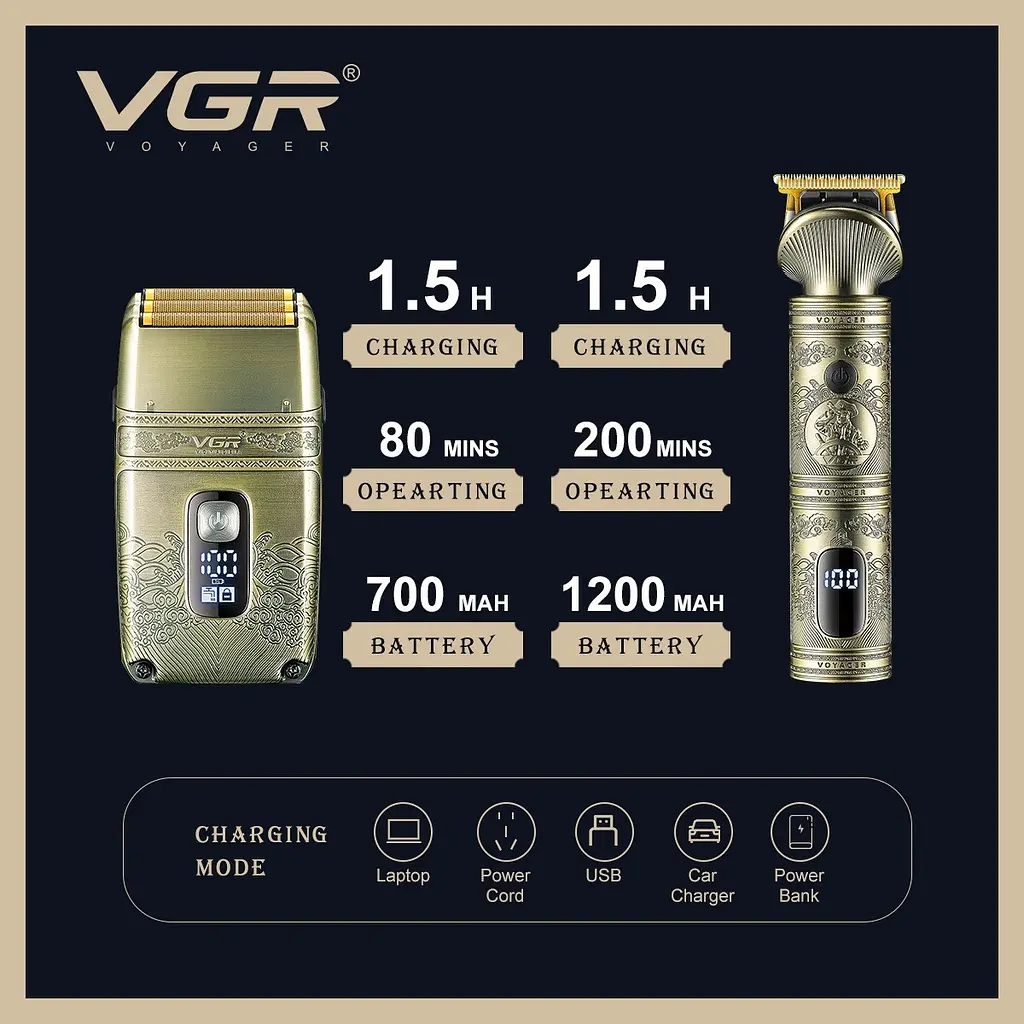 Шейвер-тример VGR V-649 Shaver Set, електробритва з насадками, чоловіча, акумуляторна, з дисплеєм - фото 3