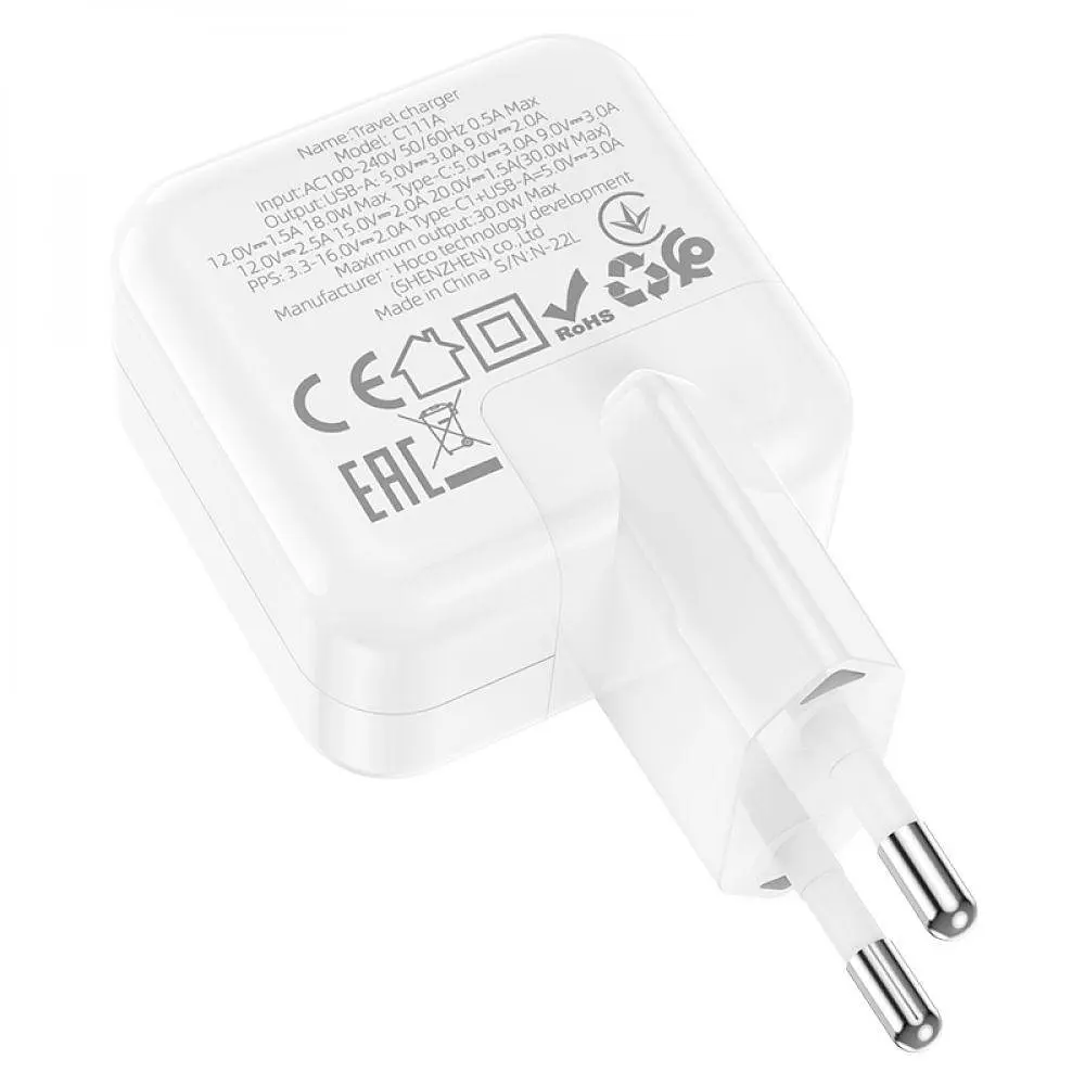 Зарядний пристрій 2 порти Hoco C111A блок живлення USB + Type-C 30 W - фото 3
