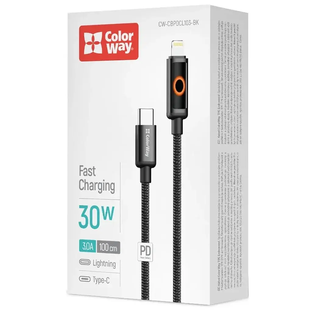Дата кабель USB-C to Lightning 1.0m PD30W black ColorWay (CW-CBPDCL103-BK) - фото 4