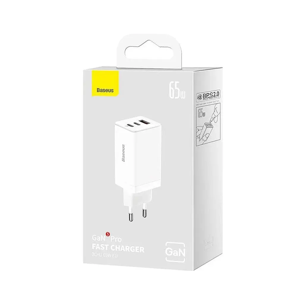 Зарядний пристрій Baseus 2xUSB-C 65W + 1xUSB GaN + cable USB-C to USB-C 100W 1.0m white (CCGP120202) - фото 6