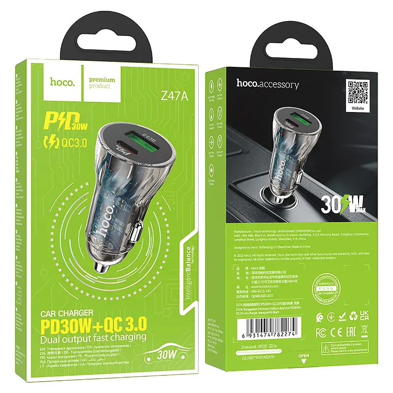 АЗП Hoco Z47A Transparent Discovery Edition dual port PD30W + QC3.0 car charger Transparent Black - фото 2
