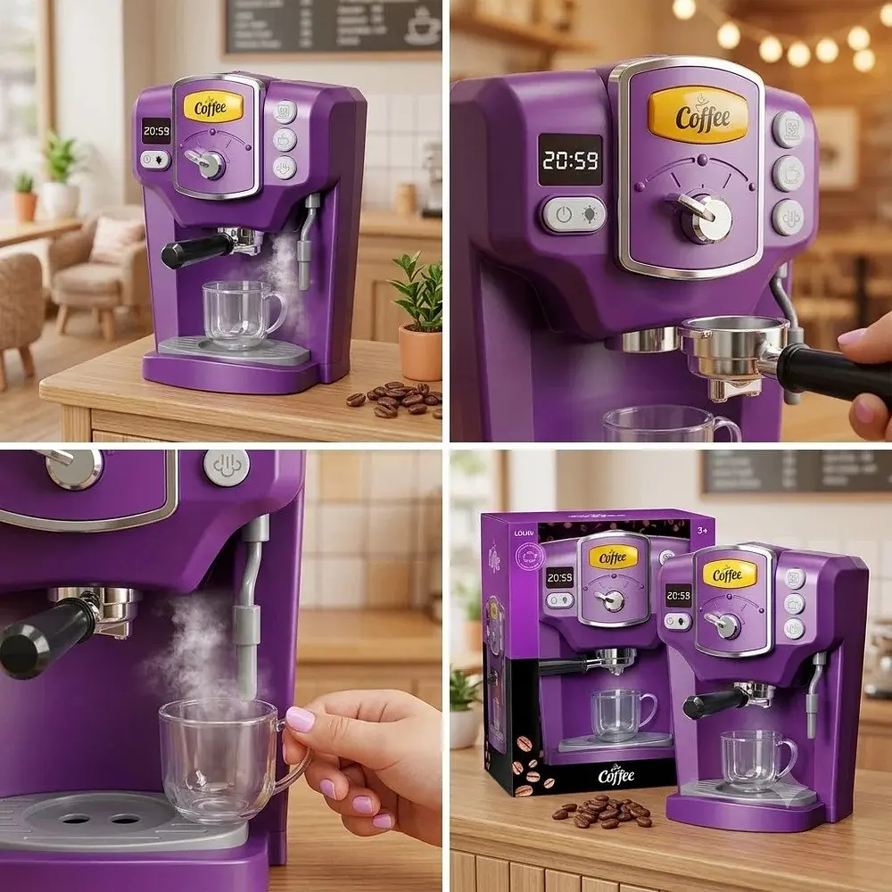 Іграшкова кавомашина рожкова для дітей Toy Coffee Maker фіолетова, дитячий кавовий апарат на батарейках з чашкою - фото 7