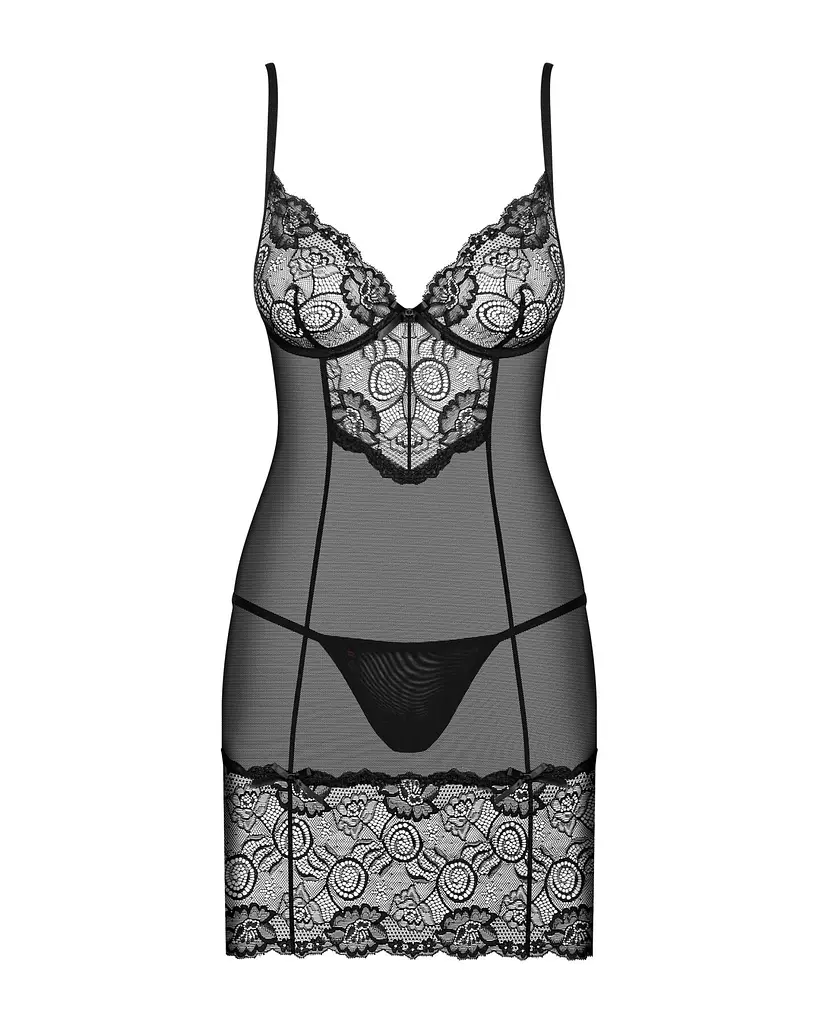 Сорочка Obsessive Alluria chemise & thong, L/XL, чорна, мереживо+мікросітка, стрінги в комплекті - фото 3