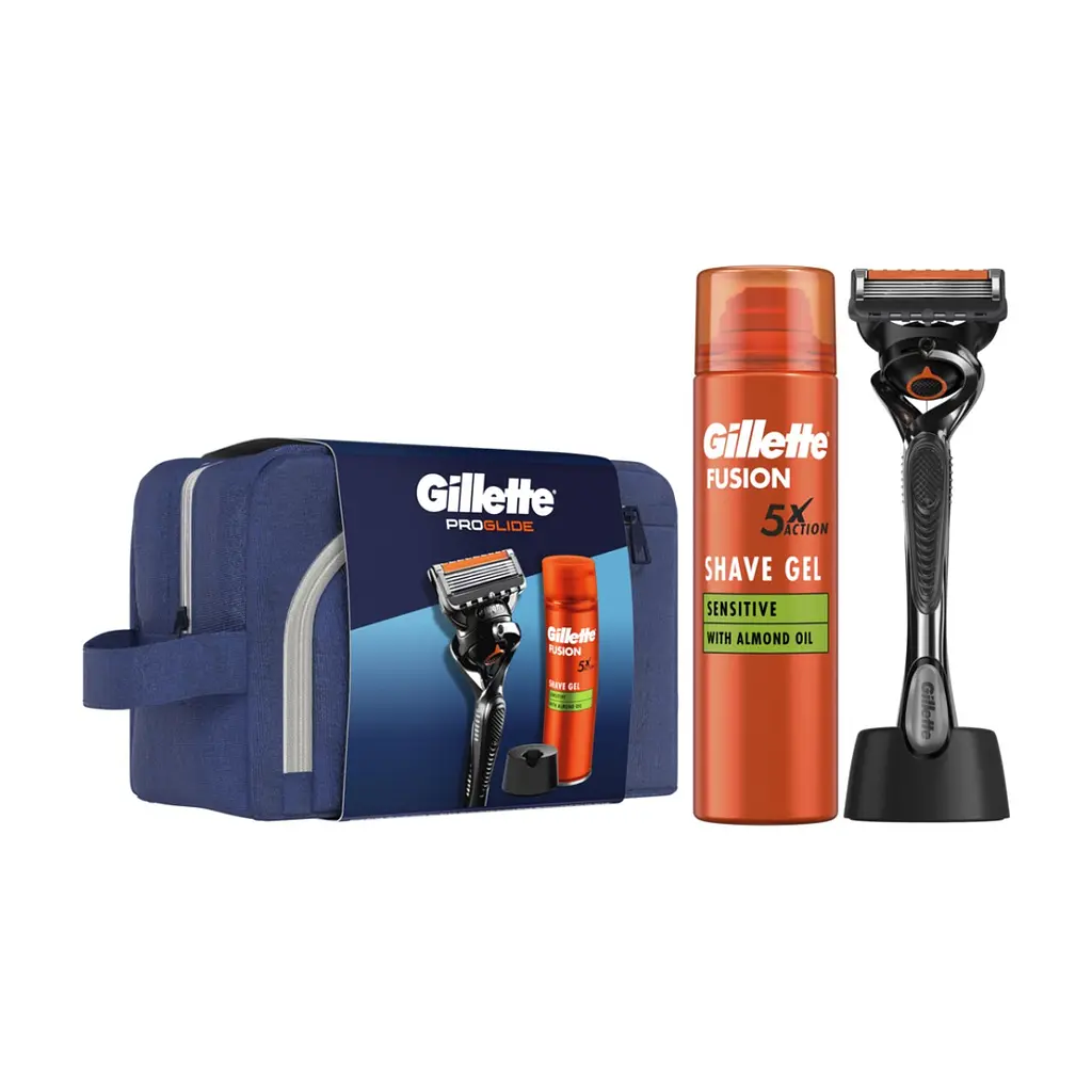 Набір косметики Gillette Бритва ProGlide з 1 змінним лезом + Гель для гоління Fusion5 200 мл + Підставка + Косметичка (8700216534420)