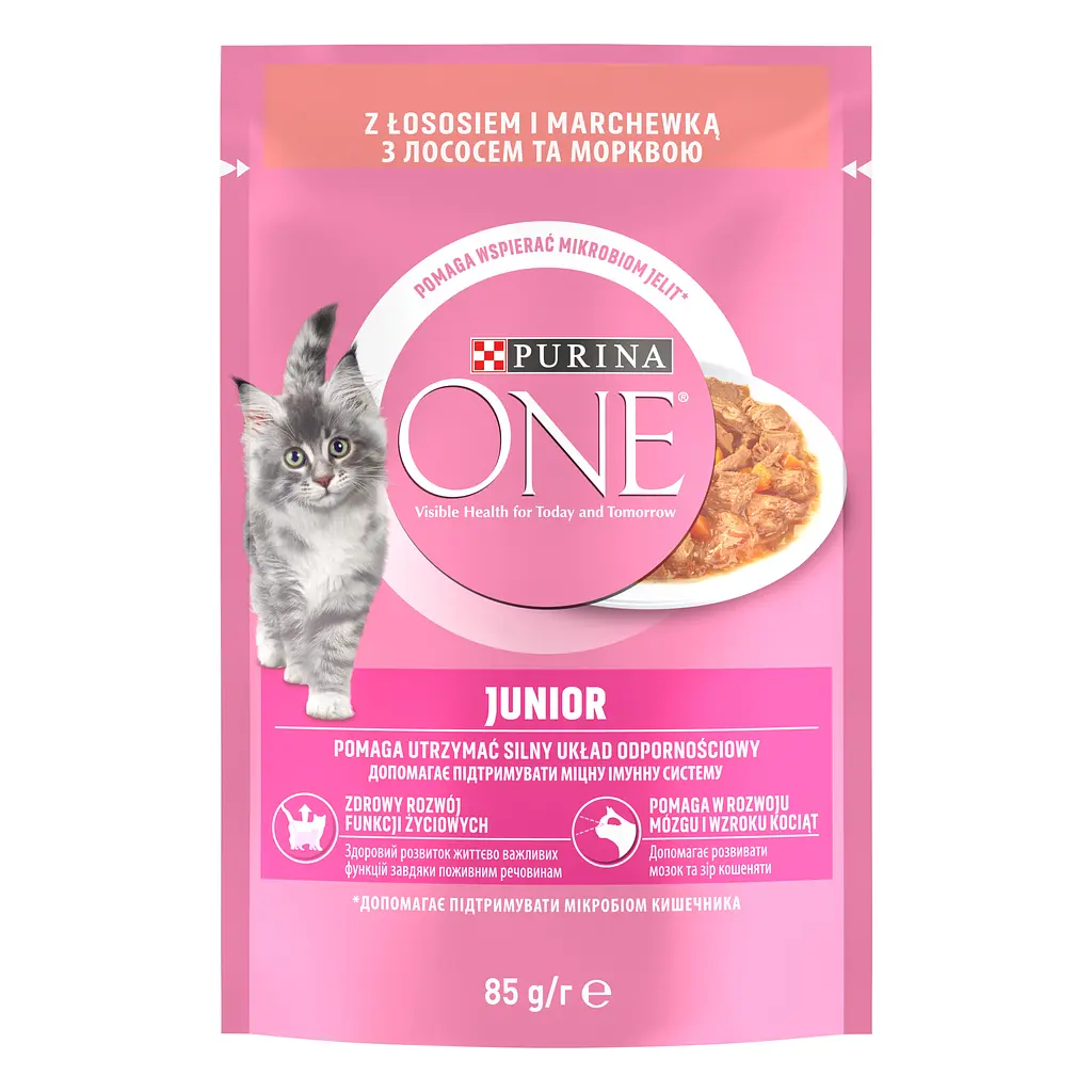 Упаковка влажного корма для котят Purina One Junior с лососем и морковью в соусе 850 г (85 г х 10 шт.) + Сухой корм для котят Purina One Junior с курицей и цельными злаками 450 г в подарок - фото 2