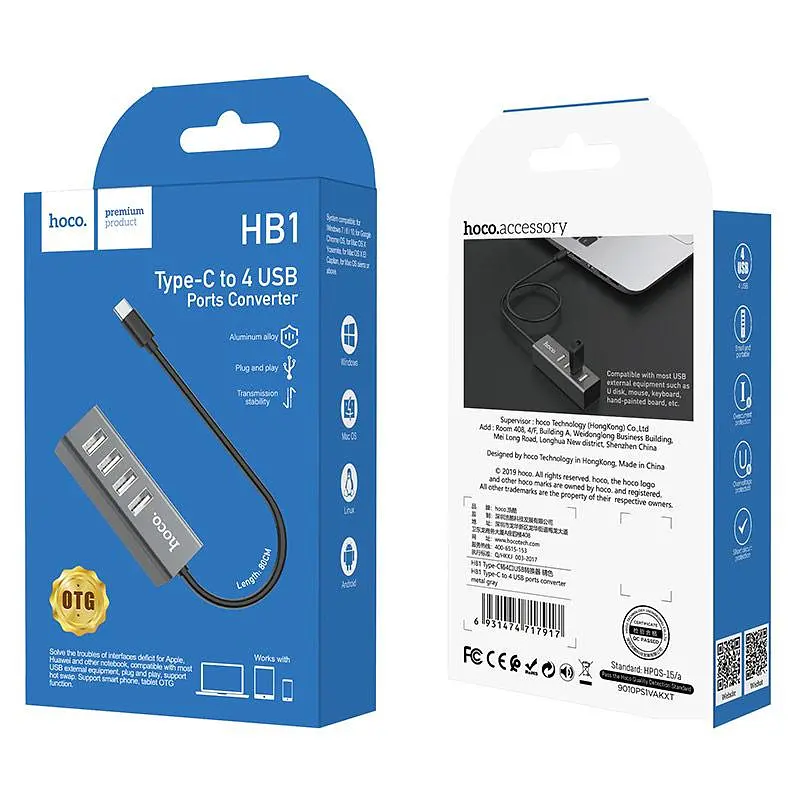 Хаб адаптер Hoco Type-C - на 4 Usb 2.0 - HB1 Line machine 6931474717917 - фото 3