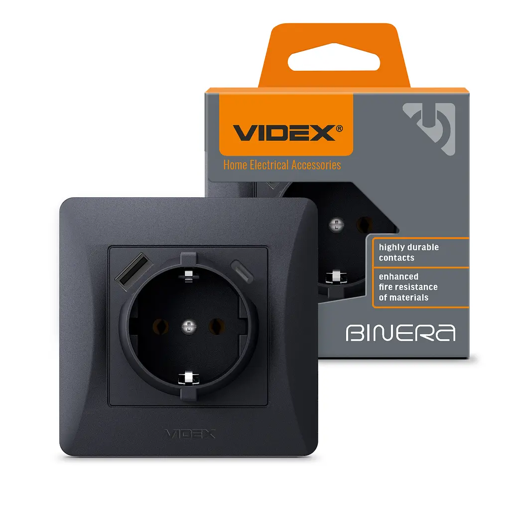 Розетка одинарна із заземленням з USB+USB-C чорний графіт VIDEX BINERA VIDEX (27865-000)