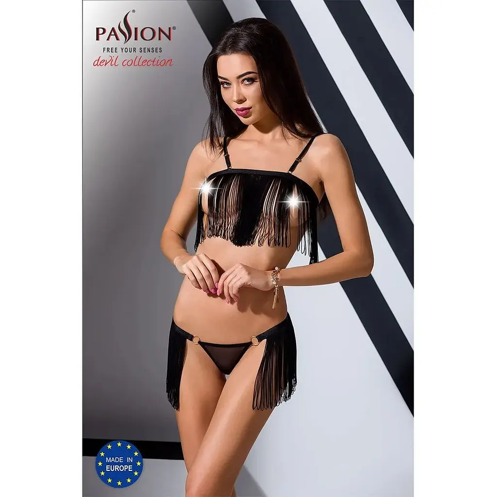 Комплект білизни Passion Exclusive KASSANDRA SET OpenBra Black L/XL: ліф з бахромою, трусики-спідн - фото 4