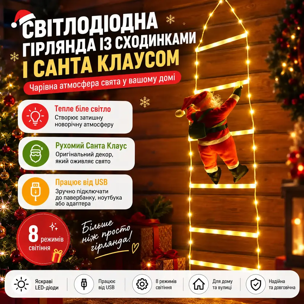 Світлодіодна гірлянда «Сходинки із Санта Клаусом» 2 м, 8 сходинок з гачком Теплий колір (00427) - фото 2