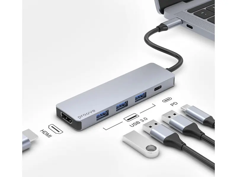 Мультипортовий адаптер Proove Iron Link 5 in 1 (3хUSB3.0 + Tyce C + HDMI) Silver (HBIL00010604) - фото 3