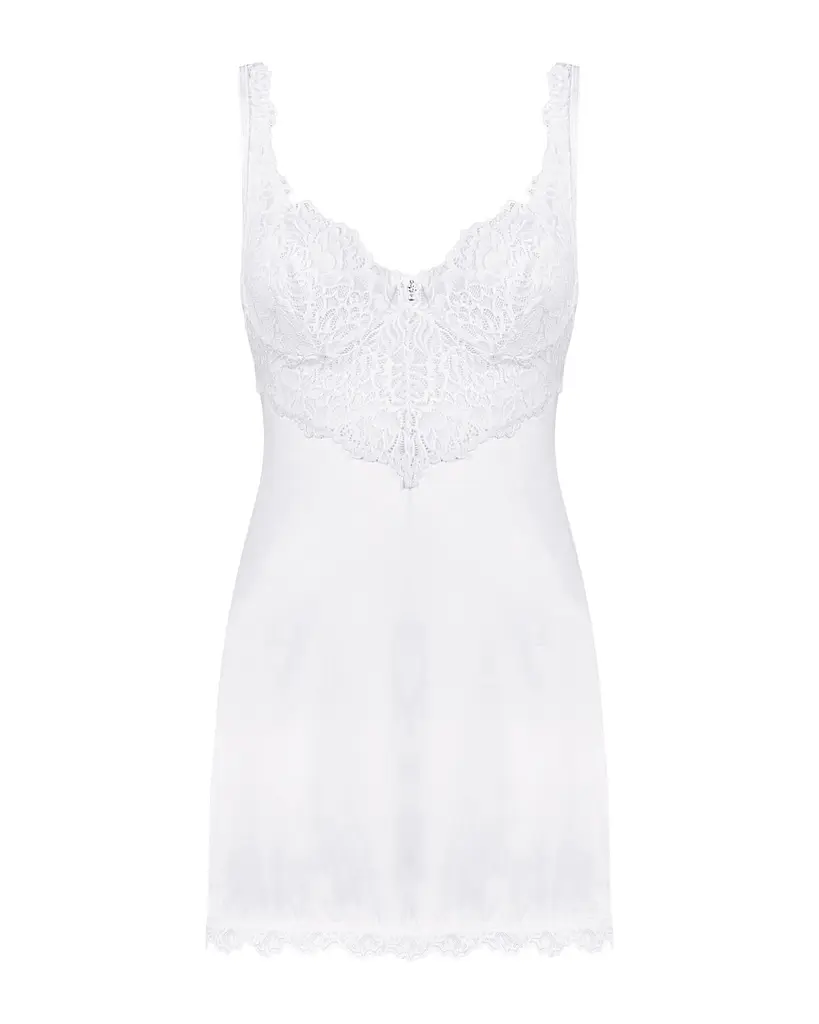 Сорочка Obsessive Amor Blanco underwire chemise & thong,L/XL, біла, мереживний ліф, стрінги в наборі - фото 3