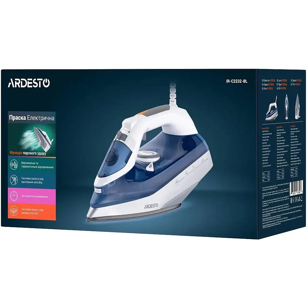 Праска Ardesto IR-C2232-BL, White/Blue, 2200W, кераміка, паровий удар, постійний пар 35г/хв, резервур 320мл, вертикальне відпарювання, захист від кальцинації, антикрапля, плавне регулювання потужності пари, автоматичне відключення - фото 6