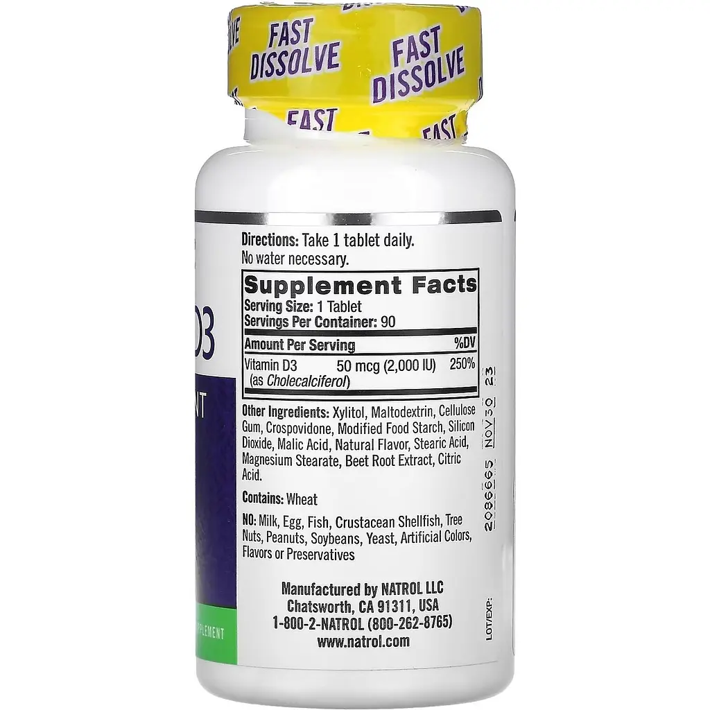 Витамин D3 Natrol Vitamin D3 Fast Dissolve со вкусом клубники 2000 МЕ 90 таблеток - фото 2