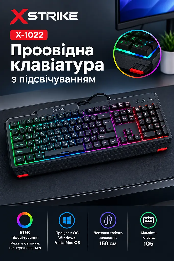 Повнорозмірна мембранна клавіатура провідна із виступом XSTRIKE X-1022 RGB USB із трьохмовною розкладкою UA/EN/RU та РГБ підсвічуванням та ніжками USB-A 105 клавіш Чорний - фото 8