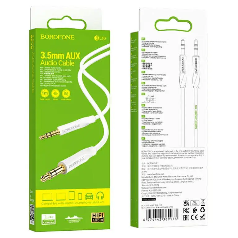 Аудіокабель Borofone BL16 Clear sound AUX audio cable білий - фото 2