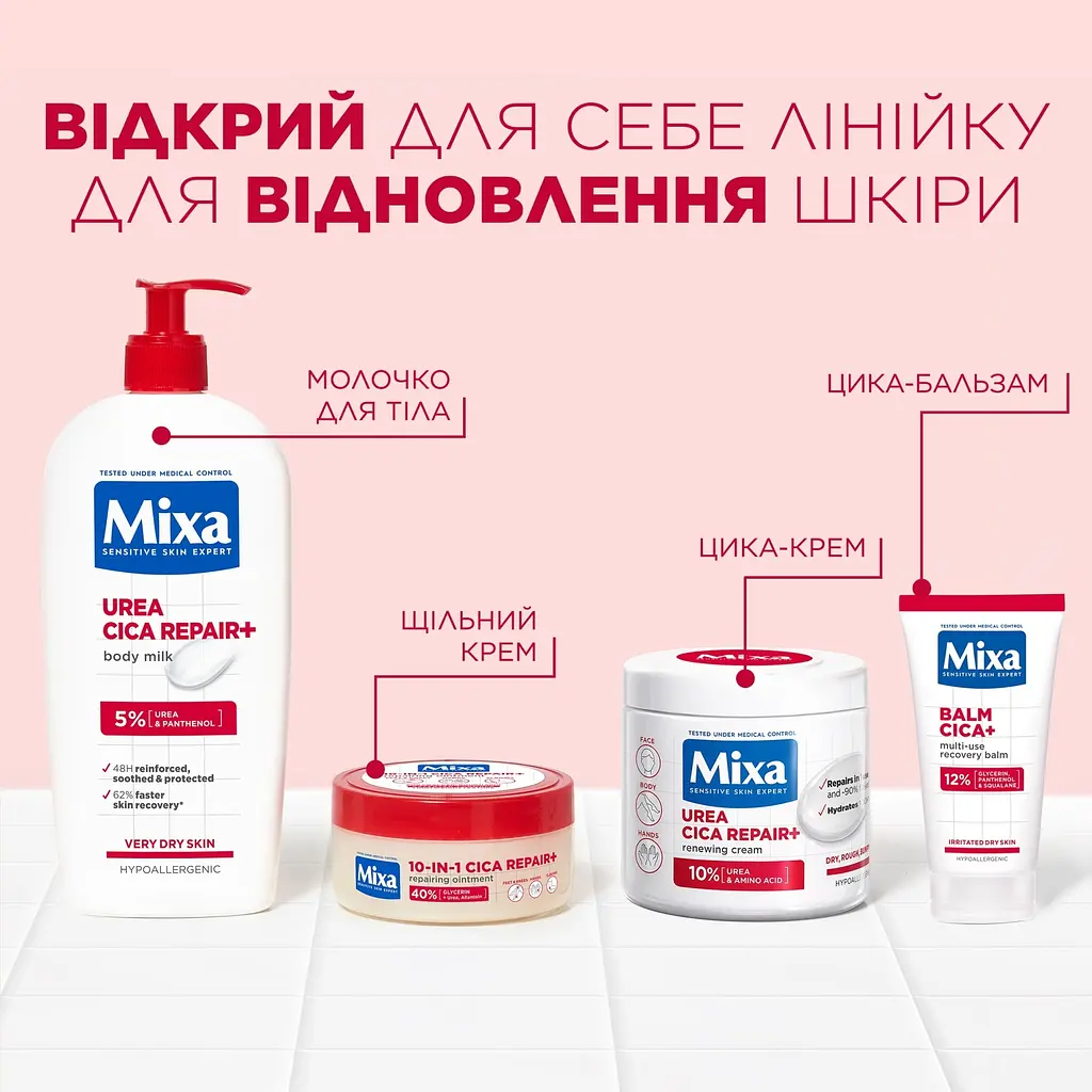 Багатофункціональний відновлювальний крем щільної текстури Mixa 10-In-1 Cica Repair+ Repairing Ointment для потрісканої, огрубілої чутливої шкіри тіла 150 мл - фото 12