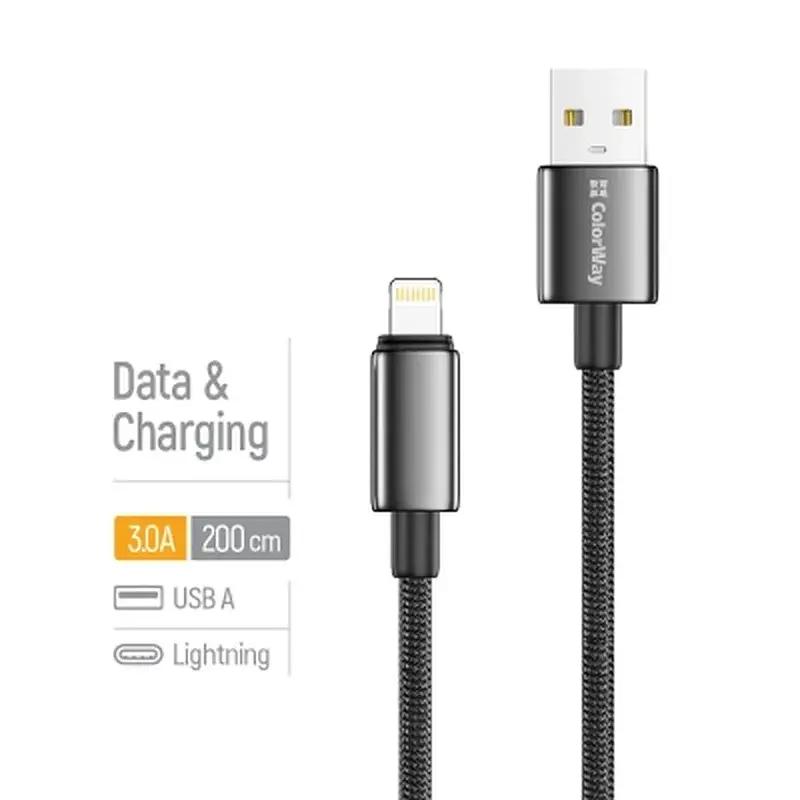 Дата кабель USB 2.0 AM to Lightning 2.0m 3A zinc alloy braided black ColorWay (CW-CBUL099-BK) - фото 4