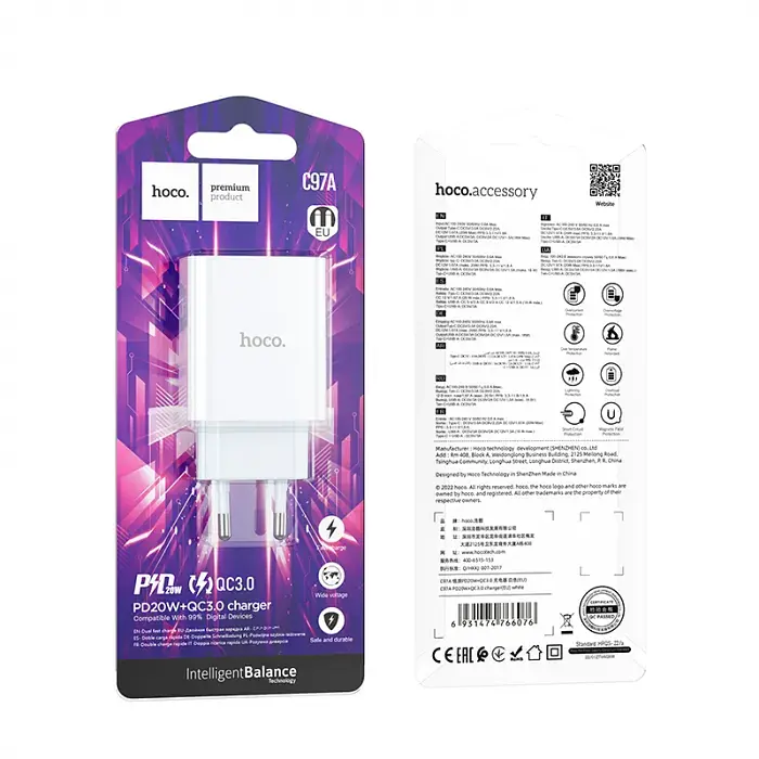 Сітчастий зарядний пристрій HOCO C97A PD20W+QC3.0 charger білий - фото 3