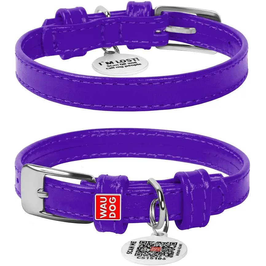 Ошейник для собак Waudog Glamour, кожаный, с QR паспортом, 21-29х1,2 см, фиолетовый - фото 2