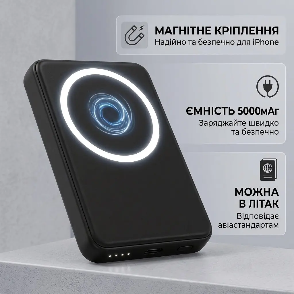 Магнітний повербанк 5000 мА·год MagSafe для iPhone та Android. Чорний - фото 11