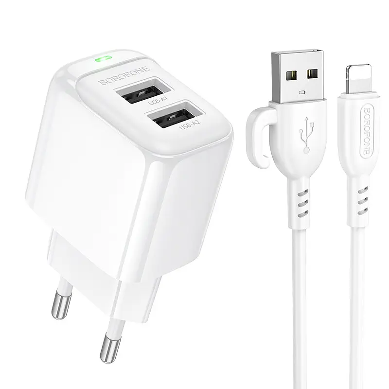 Зарядний пристрій з кабелем- адаптер мережевий Borofone BAS41A 2 виходи USB + micro кабель - SET білий - фото 4