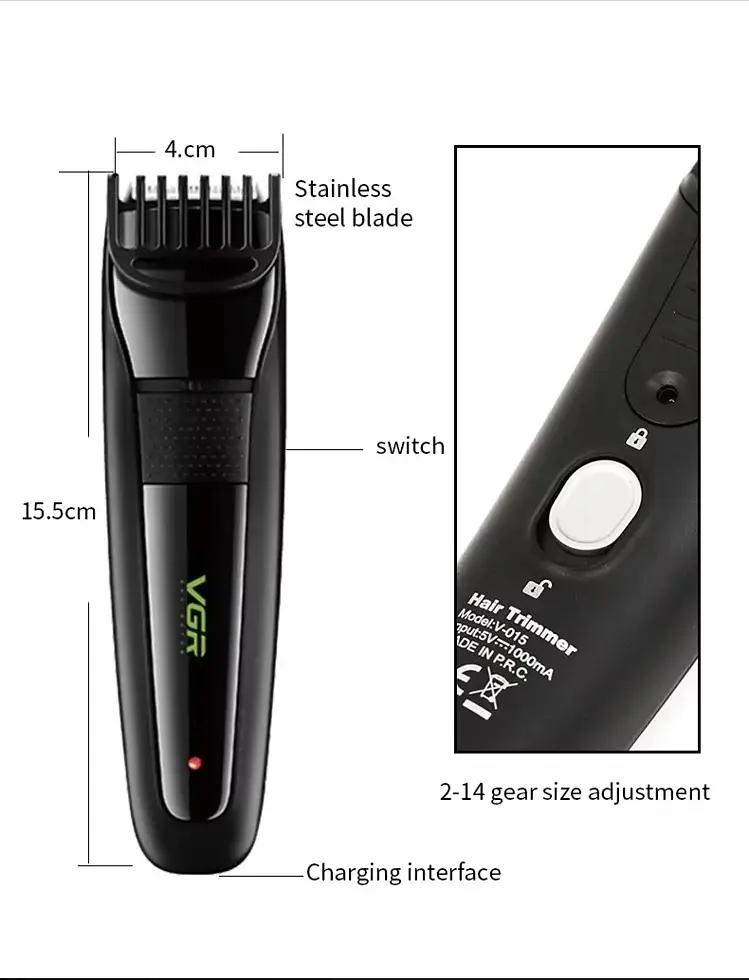 Машинка для стрижки волосся VGR V-015 Professional Black акумуляторна 1000 мАг 5 Вт (40949-V-015_301) - фото 2