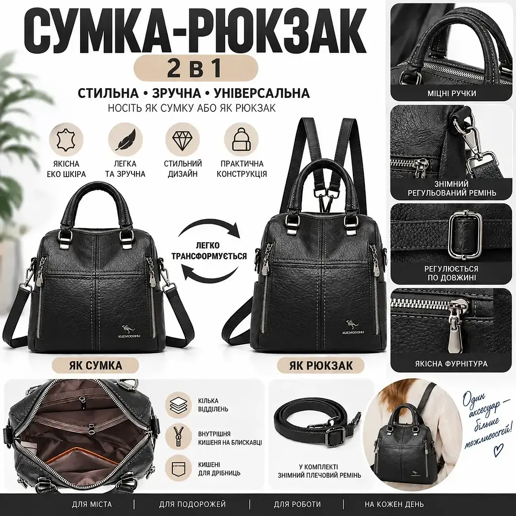 Рюкзак сумка жіночий міський трансформер чорний (2043Ч) - фото 5