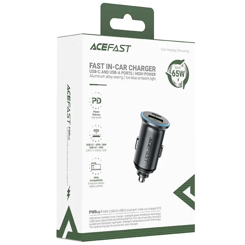АЗП Acefast B15 PD20W+QC3.0 total 65W 1USB-A/1C Gray - фото 2